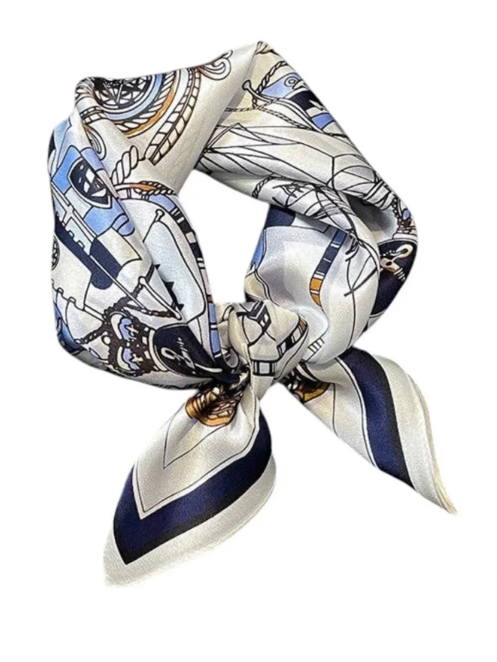 Source Unknown Nautical-Print Silk-Feel Neck Scarf in White, Navy & Gold